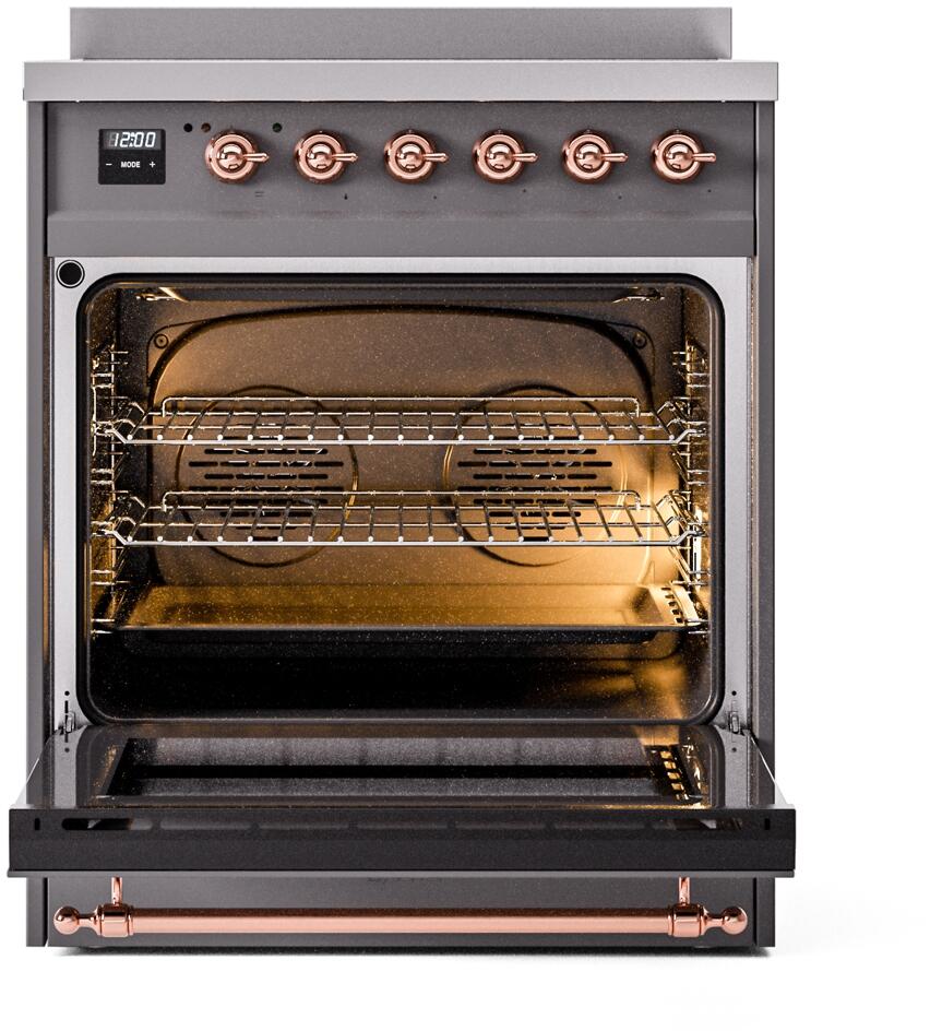 Ilve UPI304NMPMGP Nostalgie Ii 30 Inch Electric Freestanding Range In Matte Graphite With Copper Trim