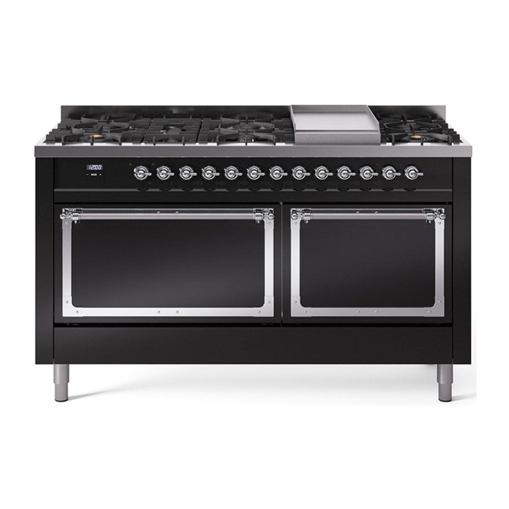 Ilve UN60FQNMPBKC Ilve Un60Fqnmpbkc Nostalgie Ii Noblesse 60" Dual Fuel Range (9 Sealed Burners + Griddle, Natural Gas, Solid Door, Glossy Black, Chrome)
