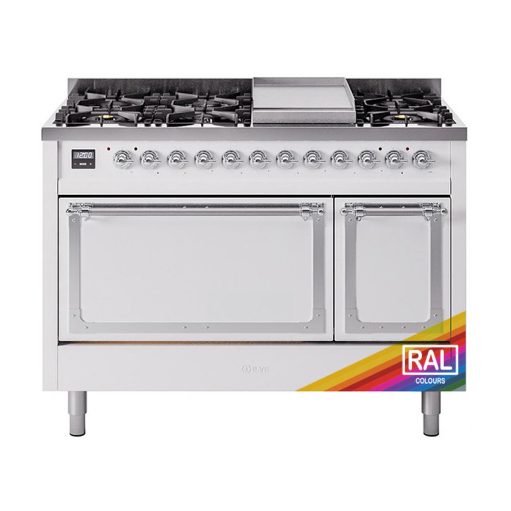 Ilve UN48FQNMPRAC Ilve Un48Fqnmprac Nostalgie Ii Noblesse 48" Dual Fuel Range (8 Sealed Burners + Griddle, Natural Gas, Solid Door, Ral, Chrome)