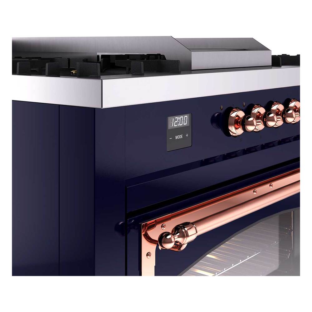 Ilve UN60FSNMPMBPLP Ilve Un60Fsnmpmbplp Nostalgie Ii Noblesse 60" Dual Fuel Range (7 Sealed Burners + Griddle + French Top, Liquid Propane, Triple Glass Door, Midnight Blue, Copper)