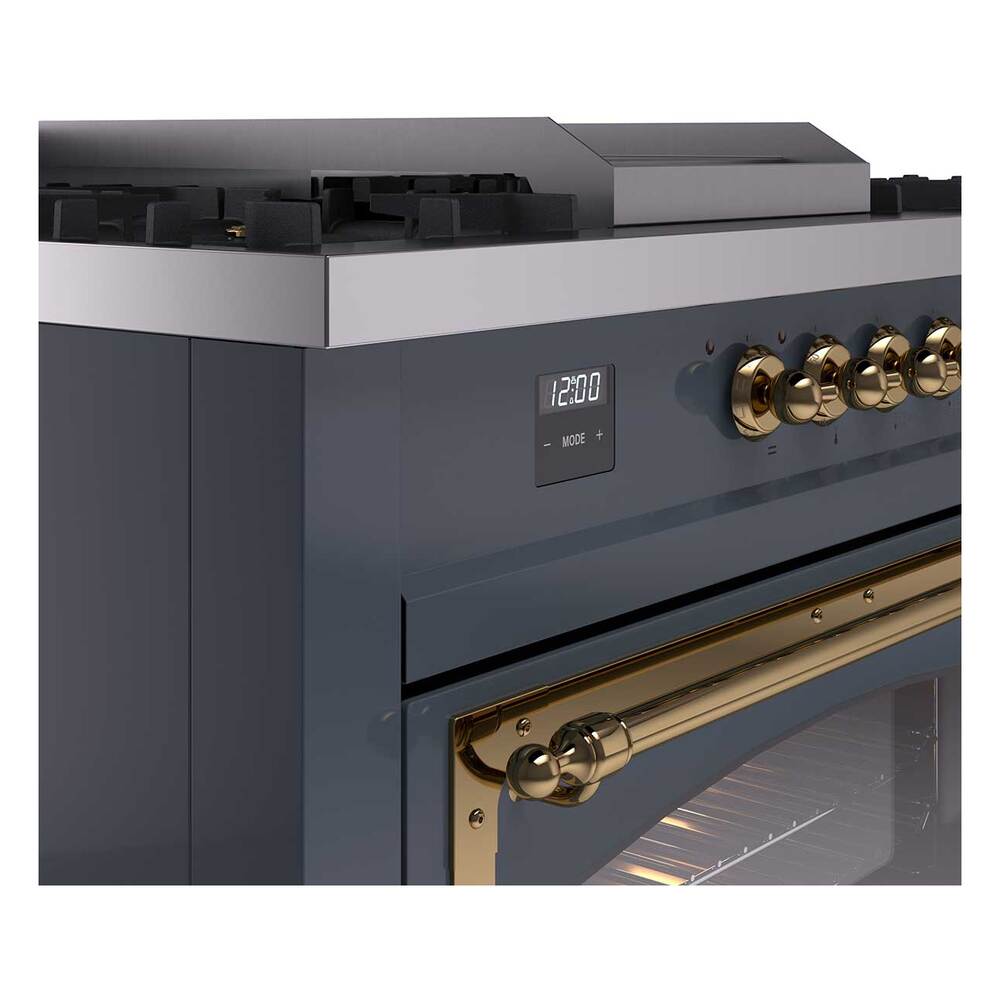 Ilve UN60FSNMPBGGLP Ilve Un60Fsnmpbgglp Nostalgie Ii Noblesse 60" Dual Fuel Range (7 Sealed Burners + Griddle + French Top, Liquid Propane, Triple Glass Door, Blue Grey, Brass)