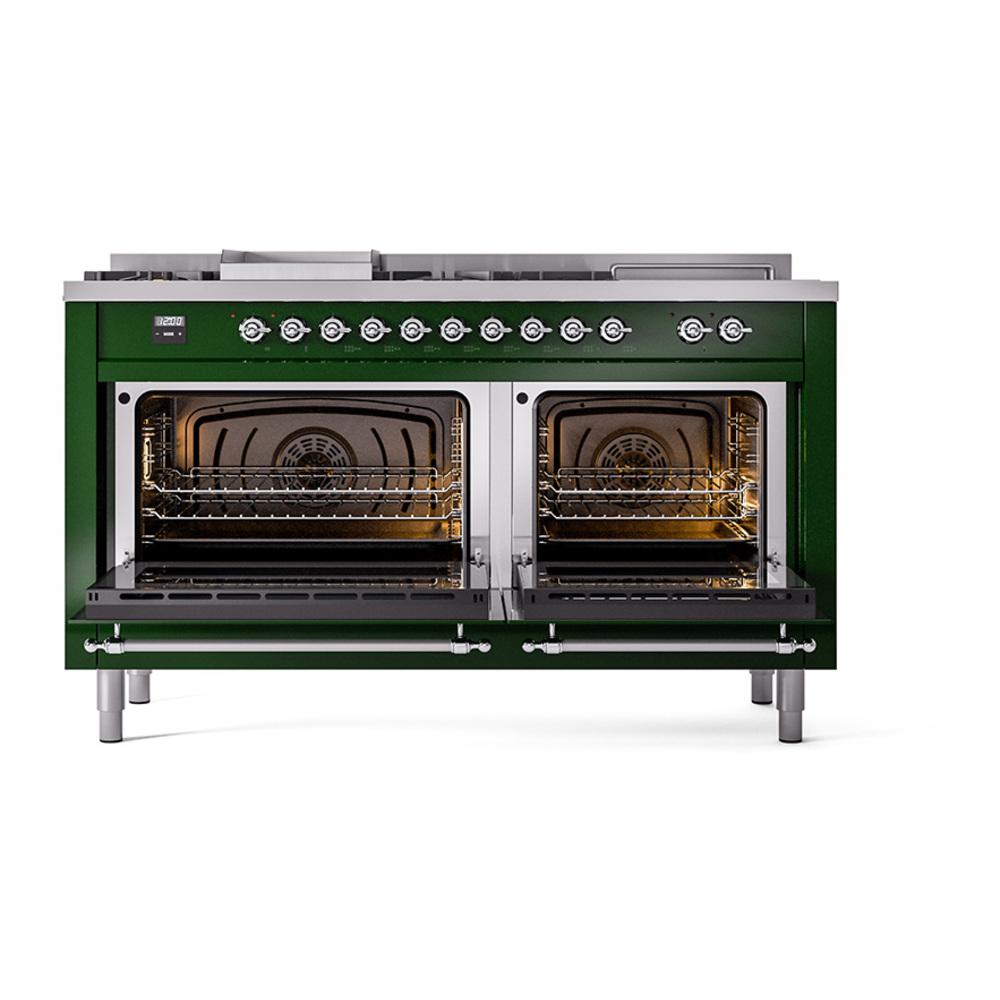Ilve UN60FSNMPEGC Ilve Un60Fsnmpegc Nostalgie Ii Noblesse 60" Dual Fuel Range (7 Sealed Burners + Griddle + French Top, Natural Gas, Triple Glass Door, Emerald Green, Chrome)