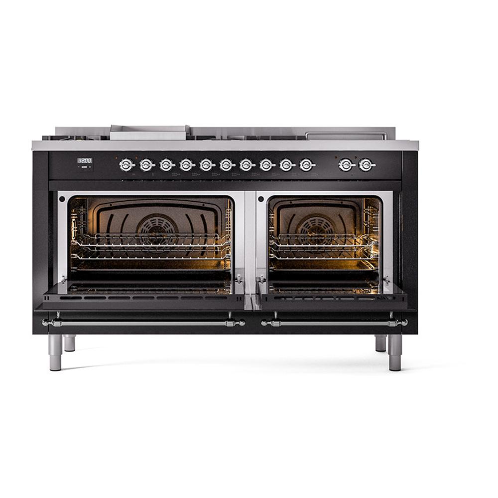 Ilve UN60FSQNMPBKCLP Ilve Un60Fsqnmpbkclp Nostalgie Ii Noblesse 60" Dual Fuel Range (7 Sealed Burners + Griddle + French Top, Liquid Propane, Solid Door, Glossy Black, Chrome)