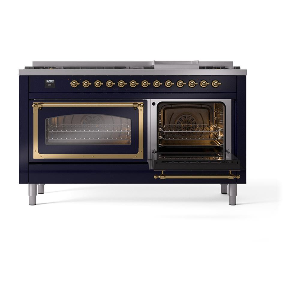 Ilve UN60FNMPMBGLP Ilve Un60Fnmpmbglp Nostalgie Ii Noblesse 60" Dual Fuel Range (9 Sealed Burners + Griddle, Liquid Propane, Triple Glass Door, Midnight Blue, Brass)