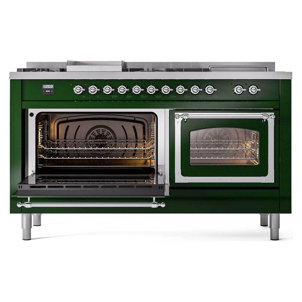 Ilve UN60FSNMPEGC Ilve Un60Fsnmpegc Nostalgie Ii Noblesse 60" Dual Fuel Range (7 Sealed Burners + Griddle + French Top, Natural Gas, Triple Glass Door, Emerald Green, Chrome)