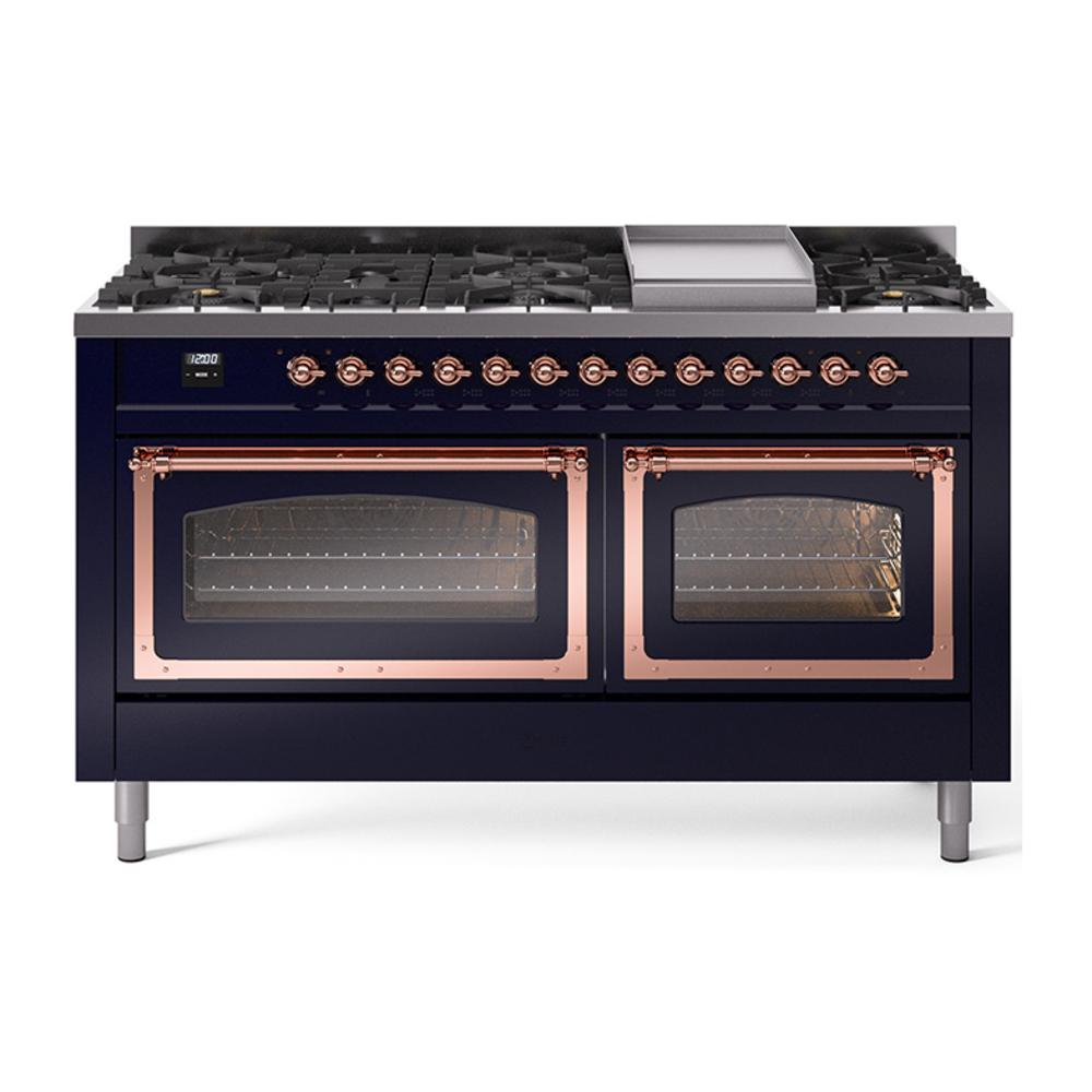 Ilve UN60FNMPMBP Ilve Un60Fnmpmbp Nostalgie Ii Noblesse 60" Dual Fuel Range (9 Sealed Burners + Griddle, Natural Gas, Triple Glass Door, Midnight Blue, Copper)