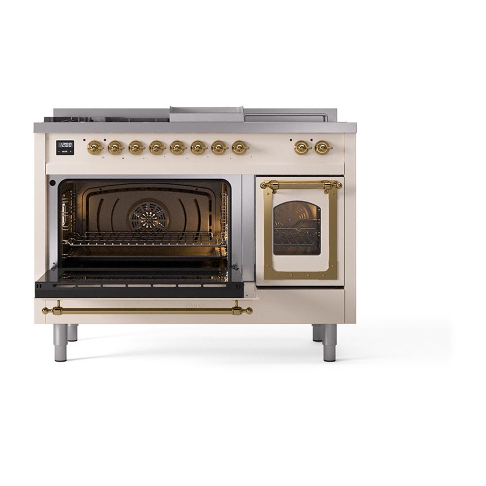 Ilve UN48FSNMPAWGLP Ilve Un48Fsnmpawglp Nostalgie Ii Noblesse 48" Dual Fuel Range (5 Sealed Burners + Griddle + French Top, Liquid Propane, Triple Glass Door, Antique White, Brass)