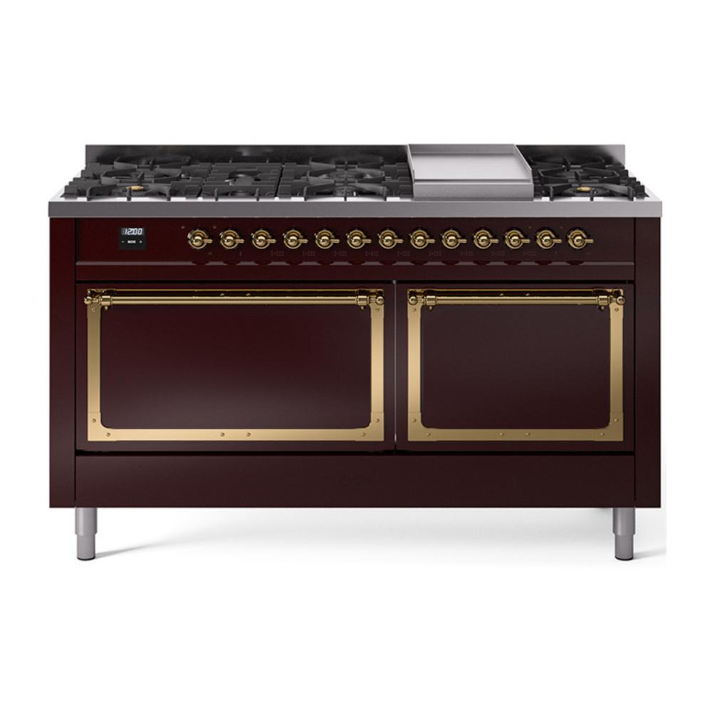 Ilve UN60FQNMPBUGLP Ilve Un60Fqnmpbuglp Nostalgie Ii Noblesse 60" Dual Fuel Range (9 Sealed Burners + Griddle, Liquid Propane, Solid Door, Burgundy, Brass)