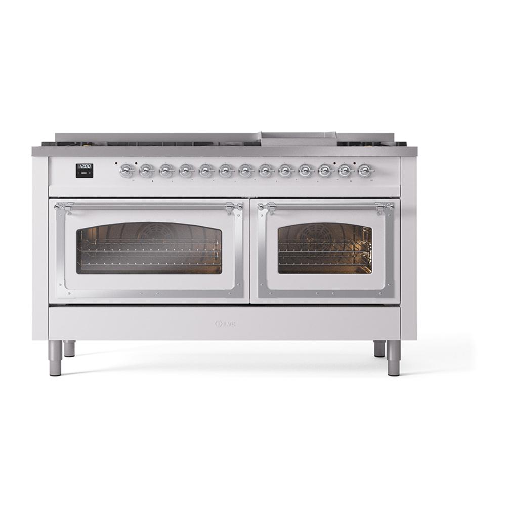 Ilve UN60FNMPWHCLP Ilve Un60Fnmpwhclp Nostalgie Ii Noblesse 60" Dual Fuel Range (9 Sealed Burners + Griddle, Liquid Propane, Triple Glass Door, White, Chrome)