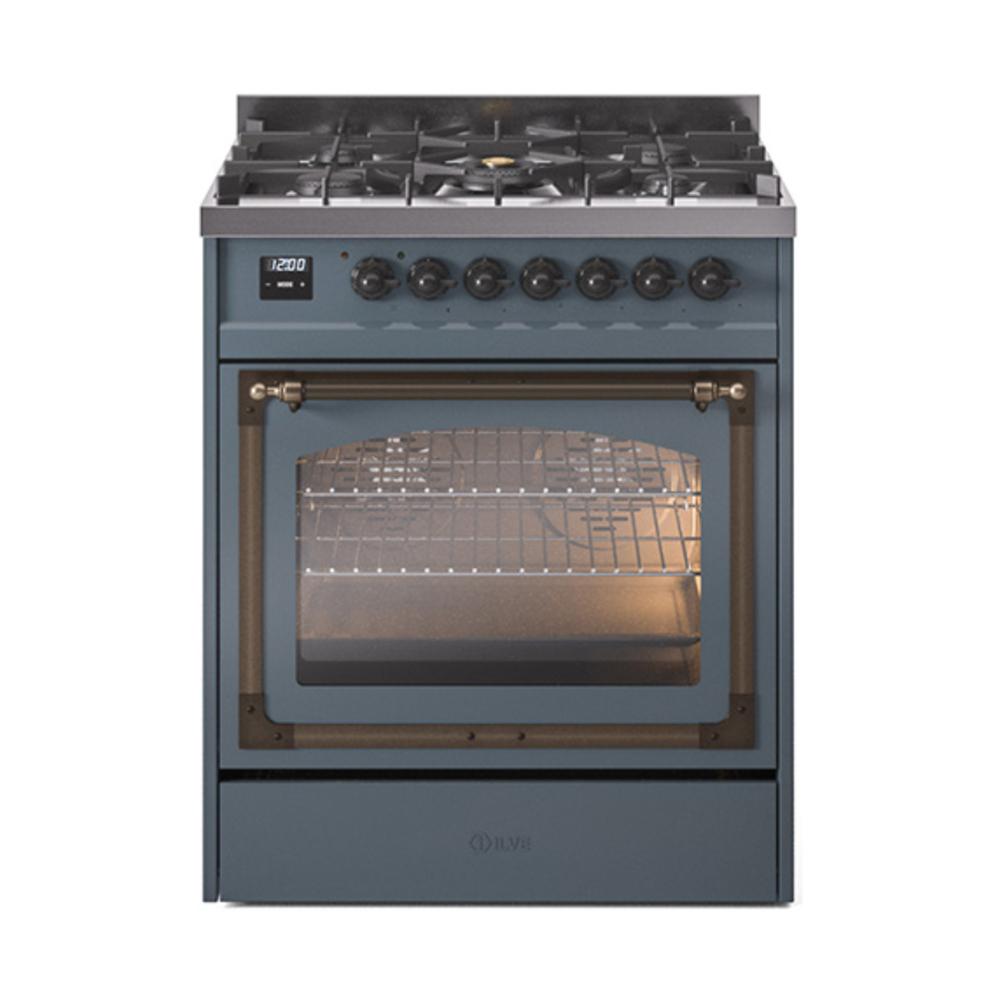 Ilve UN30NMPBGB Ilve Un30Nmpbgb Nostalgie Ii Noblesse 30" Dual Fuel Range (Natural Gas, Triple Glass Door, Blue Grey, Burnished)
