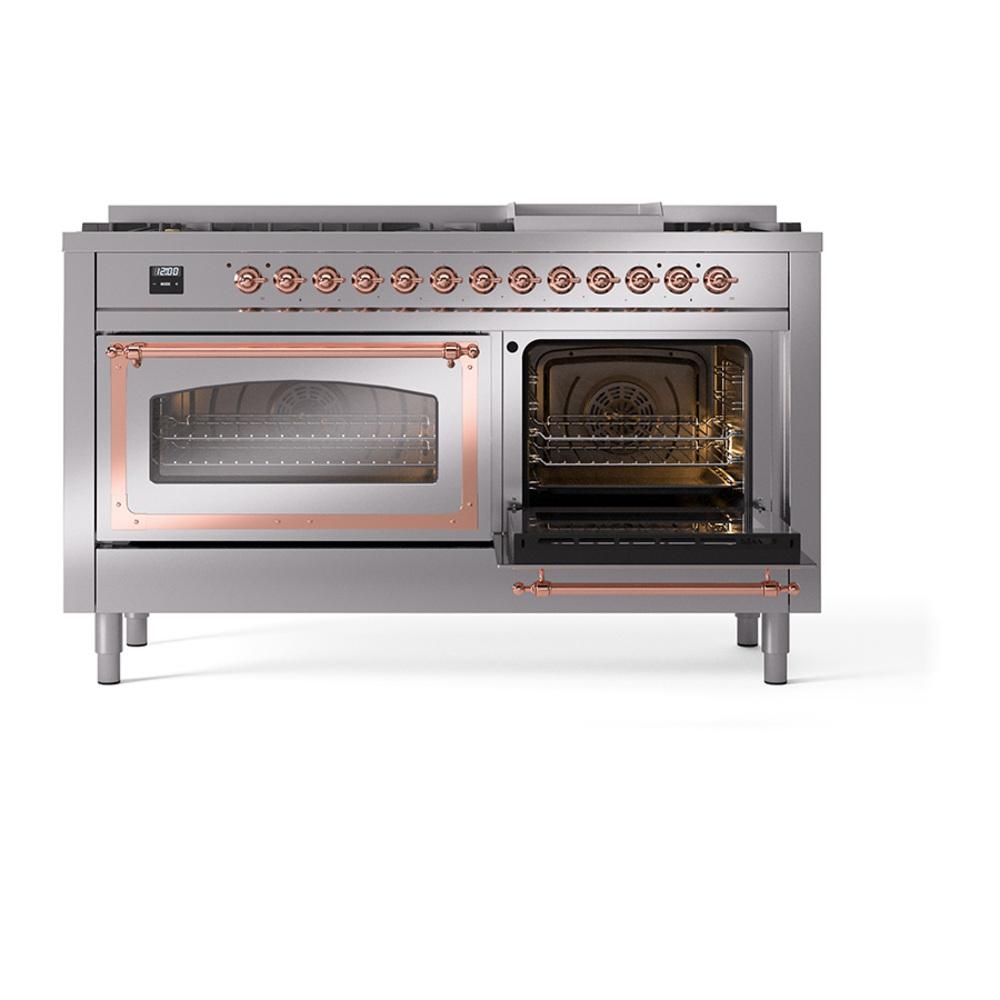 Ilve UN60FNMPSSPLP Ilve Un60Fnmpssplp Nostalgie Ii Noblesse 60" Dual Fuel Range (9 Sealed Burners + Griddle, Liquid Propane, Triple Glass Door, Stainless Steel, Copper)