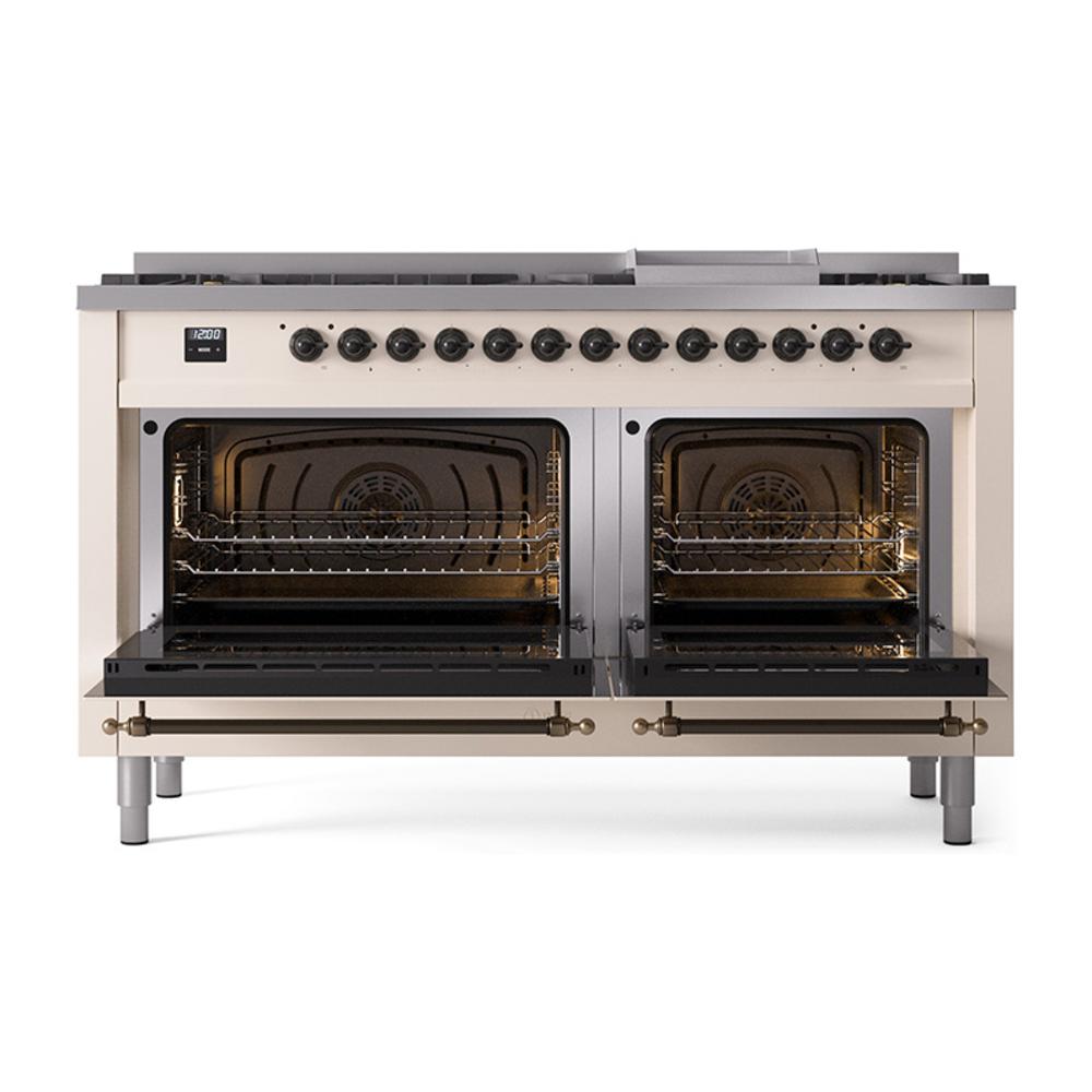 Ilve UN60FQNMPAWB Ilve Un60Fqnmpawb Nostalgie Ii Noblesse 60" Dual Fuel Range (9 Sealed Burners + Griddle, Natural Gas, Solid Door, Antique White, Burnished)