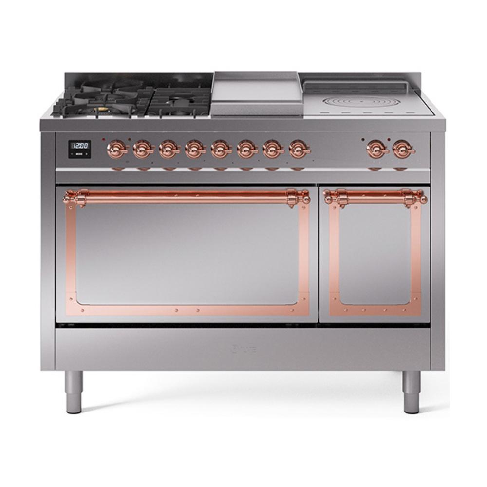 Ilve UN48FSQNMPSSPLP Ilve Un48Fsqnmpssplp Nostalgie Ii Noblesse 48" Dual Fuel Range (5 Sealed Burners + Griddle + French Top, Liquid Propane, Solid Door, Stainless Steel, Copper)