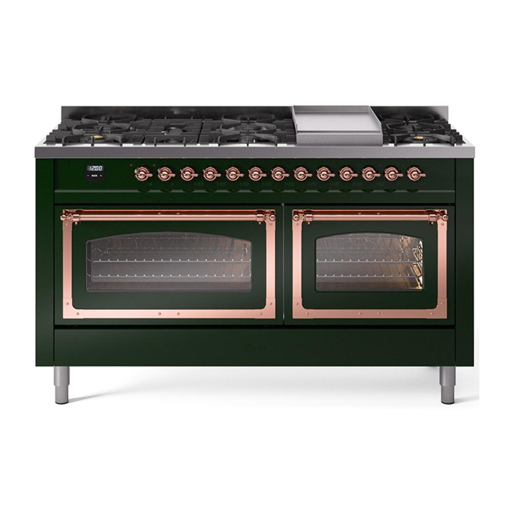 Ilve UN60FNMPEGP Ilve Un60Fnmpegp Nostalgie Ii Noblesse 60" Dual Fuel Range (9 Sealed Burners + Griddle, Natural Gas, Triple Glass Door, Emerald Green, Copper)