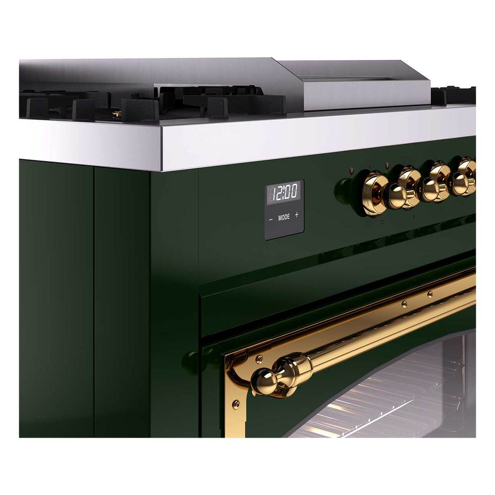 Ilve UN60FSNMPEGG Ilve Un60Fsnmpegg Nostalgie Ii Noblesse 60" Dual Fuel Range (7 Sealed Burners + Griddle + French Top, Natural Gas, Triple Glass Door, Emerald Green, Brass)