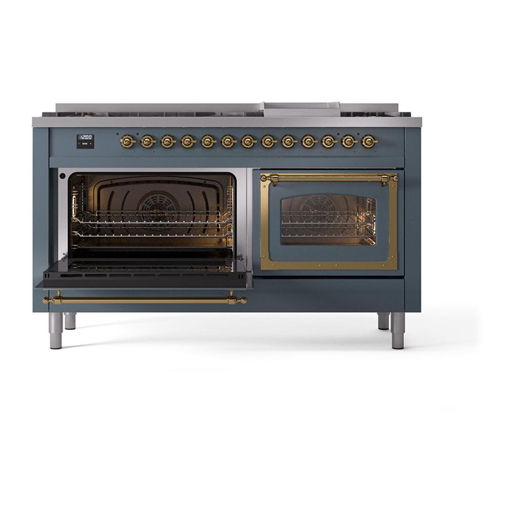 Ilve UN60FNMPBGG Ilve Un60Fnmpbgg Nostalgie Ii Noblesse 60" Dual Fuel Range (9 Sealed Burners + Griddle, Natural Gas, Triple Glass Door, Blue Grey, Brass)
