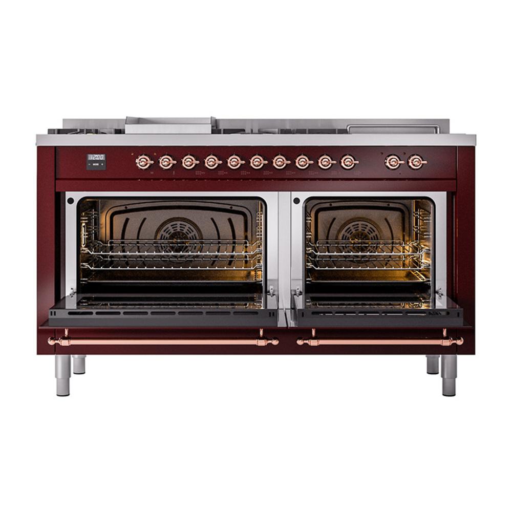 Ilve UN60FSNMPBUPLP Ilve Un60Fsnmpbuplp Nostalgie Ii Noblesse 60" Dual Fuel Range (7 Sealed Burners + Griddle + French Top, Liquid Propane, Triple Glass Door, Burgundy, Copper)