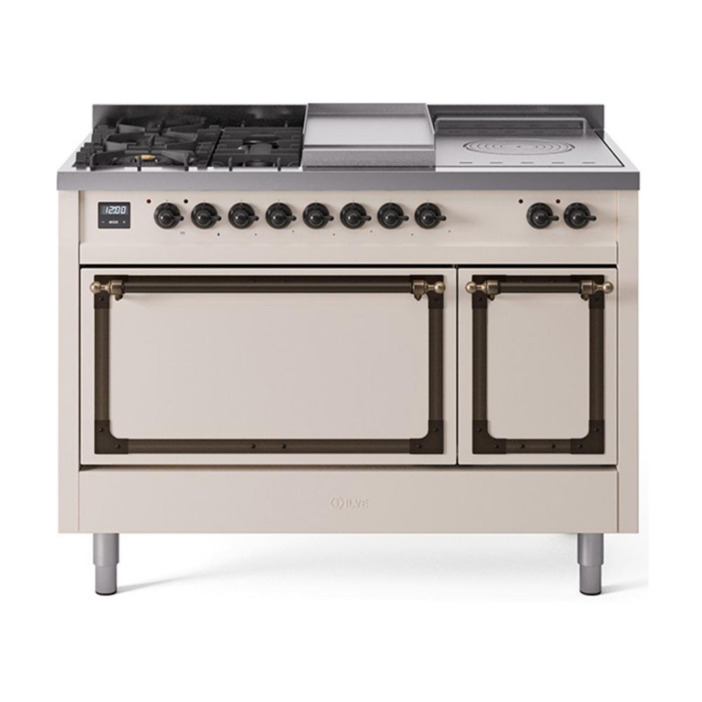 Ilve UN48FSQNMPAWB Ilve Un48Fsqnmpawb Nostalgie Ii Noblesse 48" Dual Fuel Range (5 Sealed Burners + Griddle + French Top, Natural Gas, Solid Door, Antique White, Burnished)