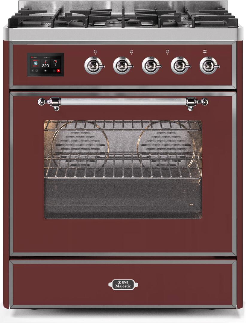 Ilve UM30DNE3BUC Majestic Ii 30 Inch Dual Fuel Natural Gas Freestanding Range In Burgundy With Chrome Trim