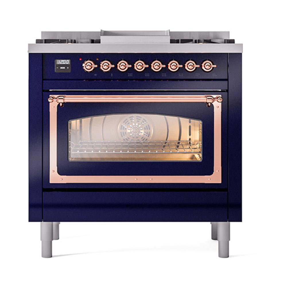 Ilve UN36FNMPMBPLP Ilve Un36Fnmpmbplp Nostalgie Ii Noblesse 36" Dual Fuel Range (Liquid Propane, Triple Glass Door, Midnight Blue, Copper)