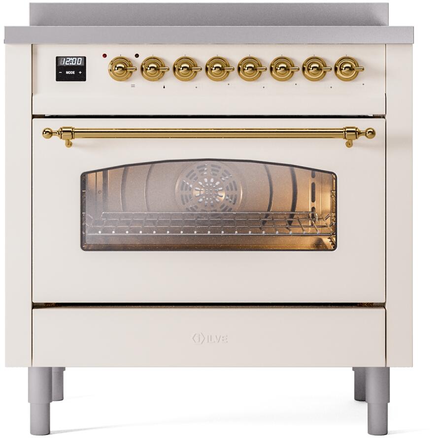 Ilve UPI366NMPAWG Nostalgie Ii 36 Inch Electric Freestanding Range In Antique White With Brass Trim