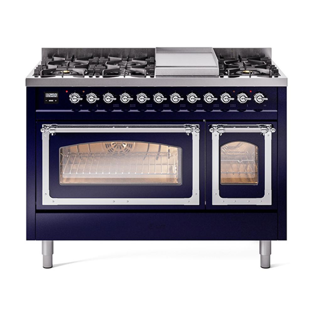 Ilve UN48FNMPMBC Ilve Un48Fnmpmbc Nostalgie Ii Noblesse 48" Dual Fuel Range (8 Sealed Burners + Griddle, Natural Gas, Triple Glass Door, Midnight Blue, Chrome)