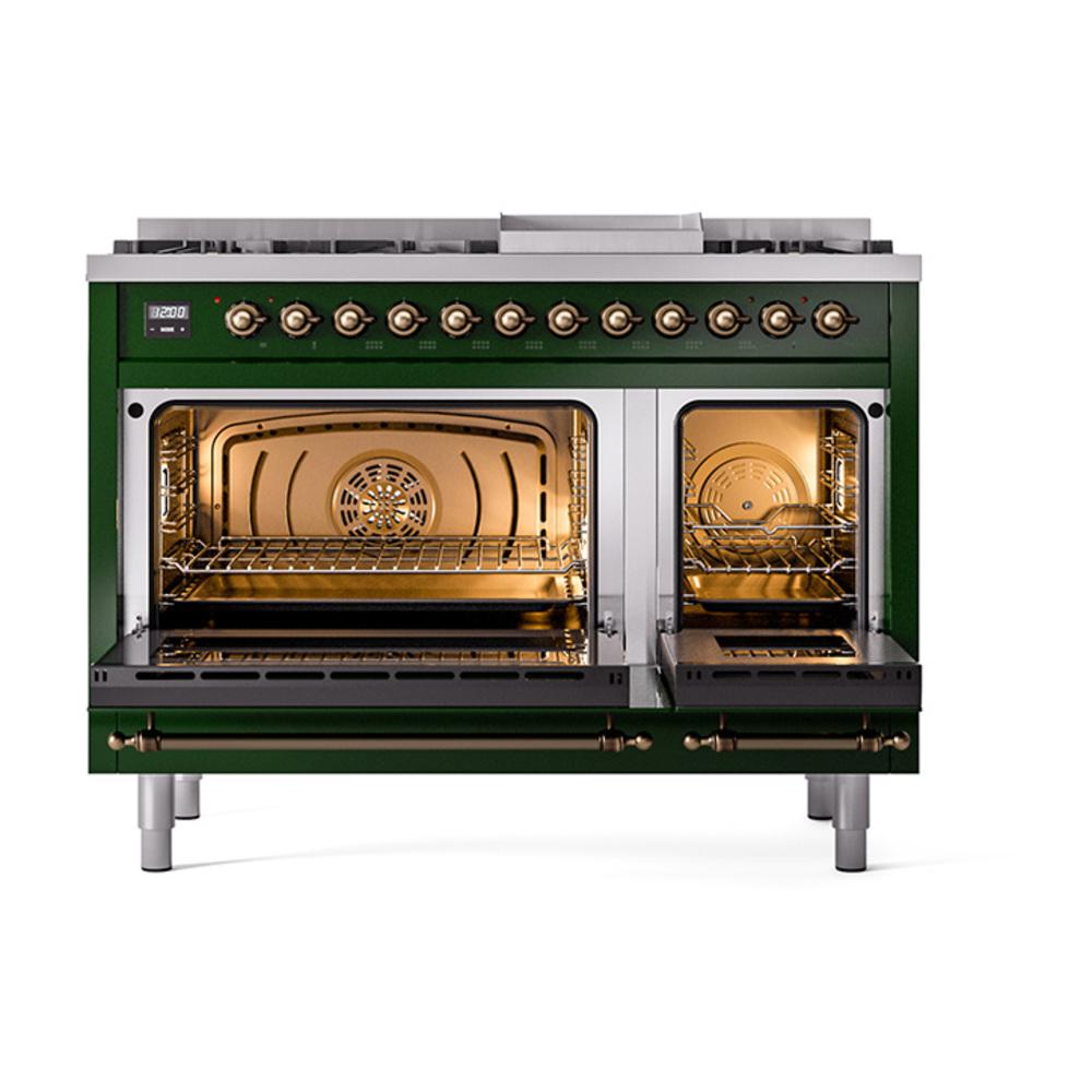 Ilve UN48FNMPEGB Ilve Un48Fnmpegb Nostalgie Ii Noblesse 48" Dual Fuel Range (8 Sealed Burners + Griddle, Natural Gas, Triple Glass Door, Emerald Green, Burnished)