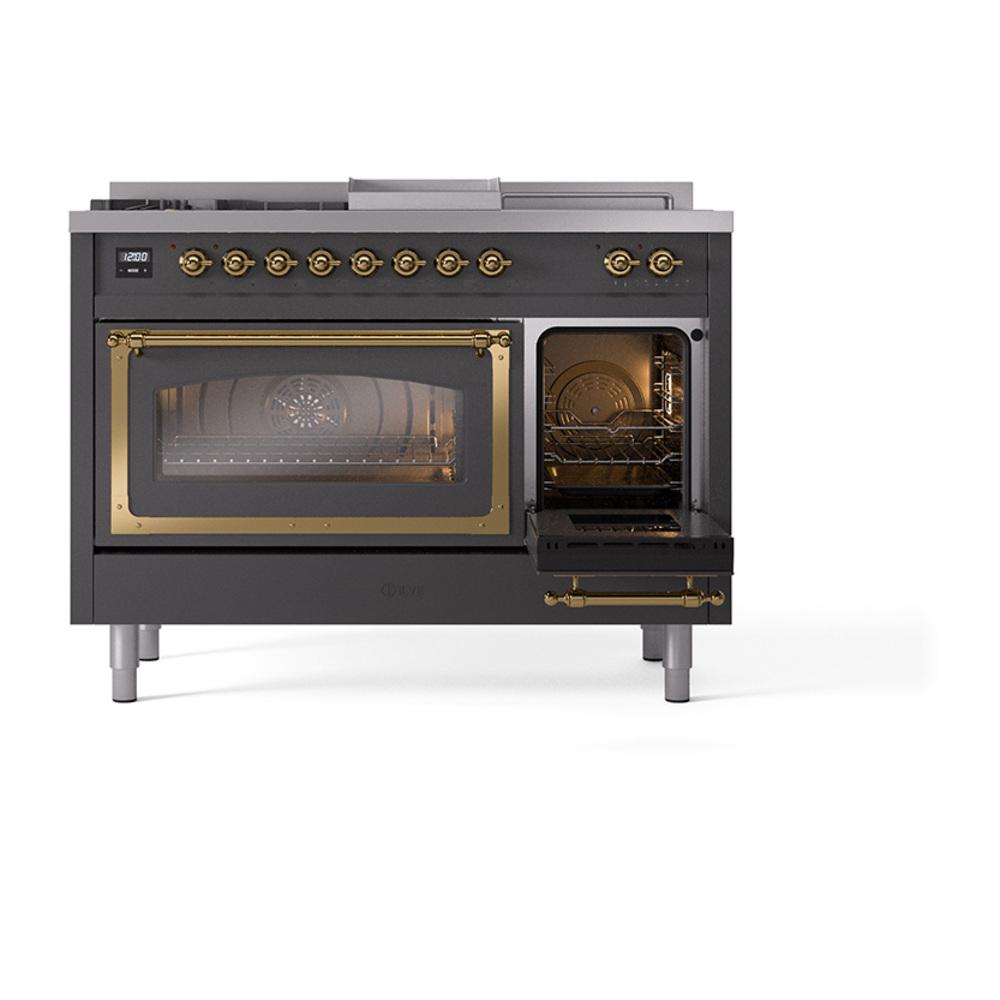 Ilve UN48FSNMPMGGLP Ilve Un48Fsnmpmgglp Nostalgie Ii Noblesse 48" Dual Fuel Range (5 Sealed Burners + Griddle + French Top, Liquid Propane, Triple Glass Door, Graphite Matte, Brass)