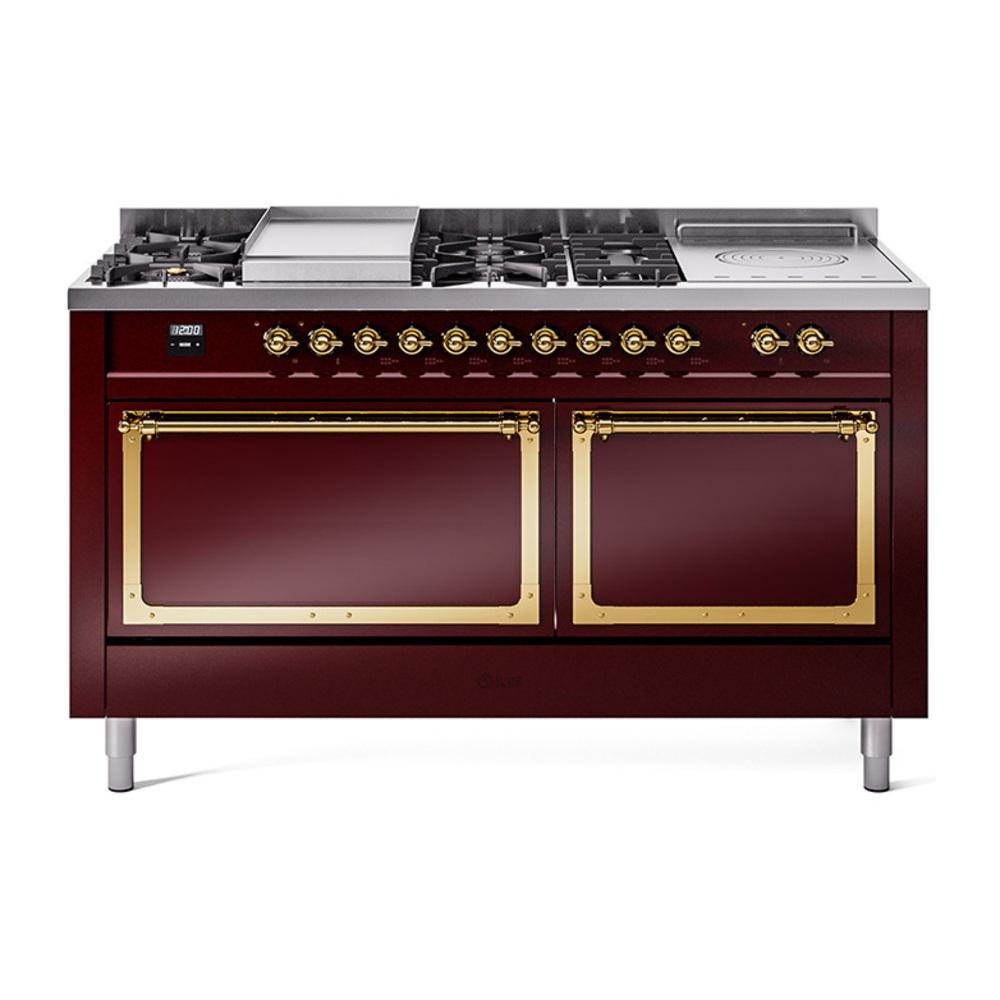 Ilve UN60FSQNMPBUGLP Ilve Un60Fsqnmpbuglp Nostalgie Ii Noblesse 60" Dual Fuel Range (7 Sealed Burners + Griddle + French Top, Liquid Propane, Solid Door, Burgundy, Brass)