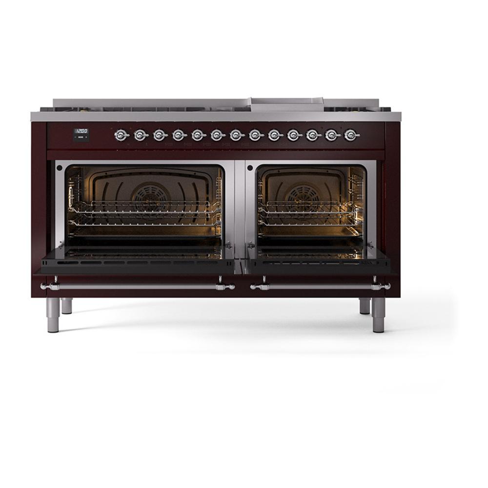 Ilve UN60FQNMPBUC Ilve Un60Fqnmpbuc Nostalgie Ii Noblesse 60" Dual Fuel Range (9 Sealed Burners + Griddle, Natural Gas, Solid Door, Burgundy, Chrome)