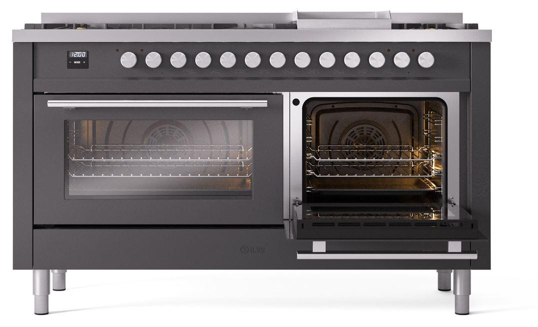 Ilve UP60FWMPMGLP Professional Plus Ii 60 Inch Dual Fuel Liquid Propane Freestanding Range In Matte Graphite With Trim