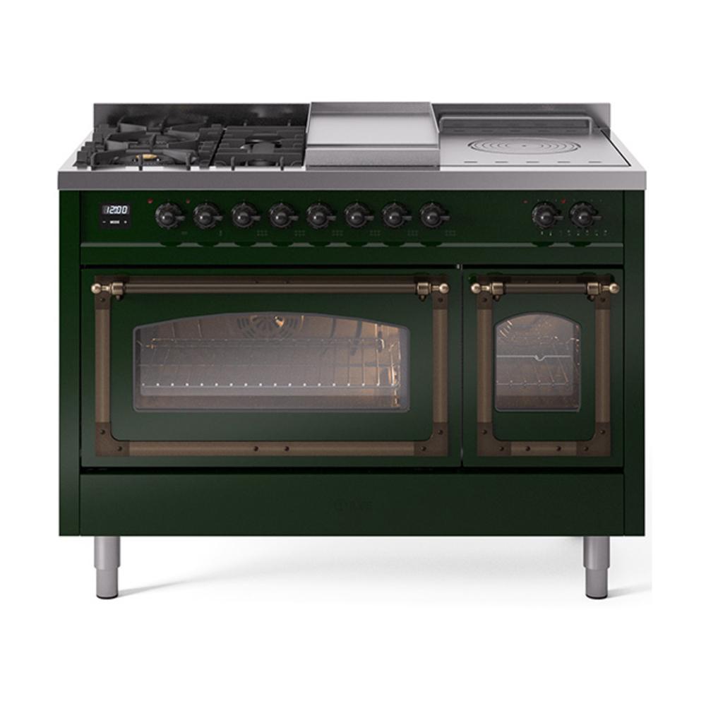 Ilve UN48FSNMPEGBLP Ilve Un48Fsnmpegblp Nostalgie Ii Noblesse 48" Dual Fuel Range (5 Sealed Burners + Griddle + French Top, Liquid Propane, Triple Glass Door, Emerald Green, Burnished)