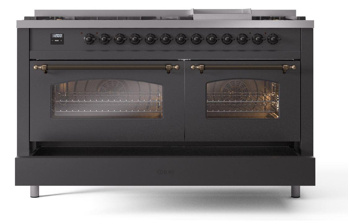 Ilve UP60FNMPMGBLP Nostalgie Ii 60 Inch Dual Fuel Liquid Propane Freestanding Range In Matte Graphite With Bronze Trim
