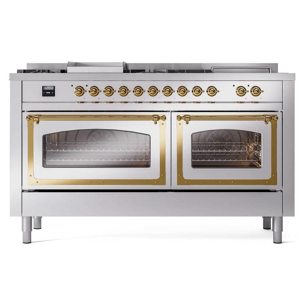 Ilve UN60FSNMPSSG Ilve Un60Fsnmpssg Nostalgie Ii Noblesse 60" Dual Fuel Range (7 Sealed Burners + Griddle + French Top, Natural Gas, Triple Glass Door, Stainless Steel, Brass)