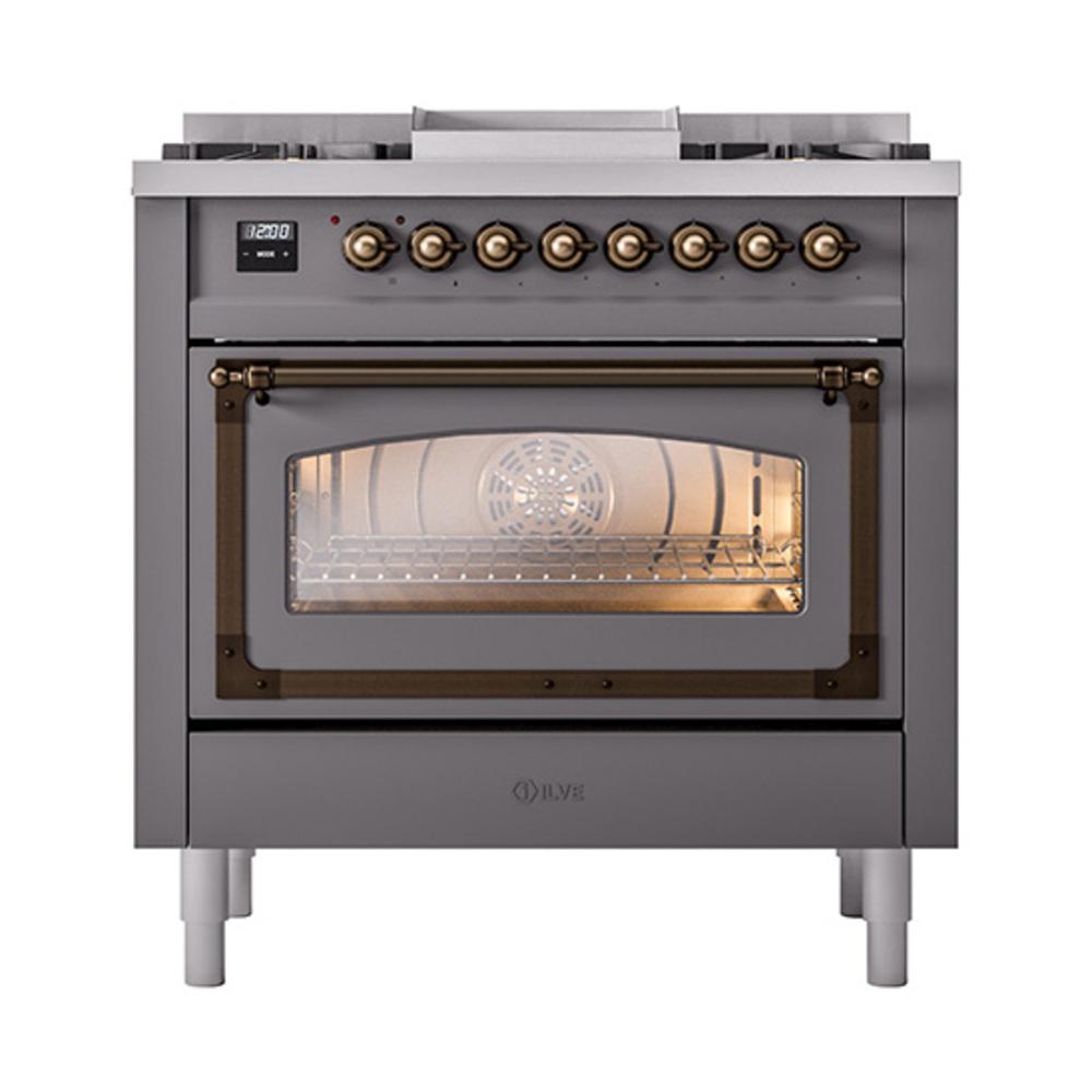Ilve UN36FNMPMGB Ilve Un36Fnmpmgb Nostalgie Ii Noblesse 36" Dual Fuel Range (Natural Gas, Triple Glass Door, Graphite Matte, Burnished)