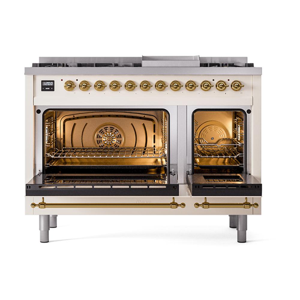 Ilve UN48FNMPAWG Ilve Un48Fnmpawg Nostalgie Ii Noblesse 48" Dual Fuel Range (8 Sealed Burners + Griddle, Natural Gas, Triple Glass Door, Antique White, Brass)
