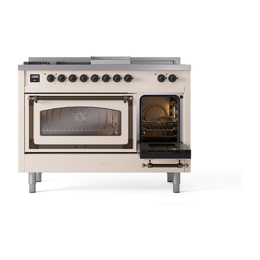Ilve UN48FSNMPAWB Ilve Un48Fsnmpawb Nostalgie Ii Noblesse 48" Dual Fuel Range (5 Sealed Burners + Griddle + French Top, Natural Gas, Triple Glass Door, Antique White, Burnished)