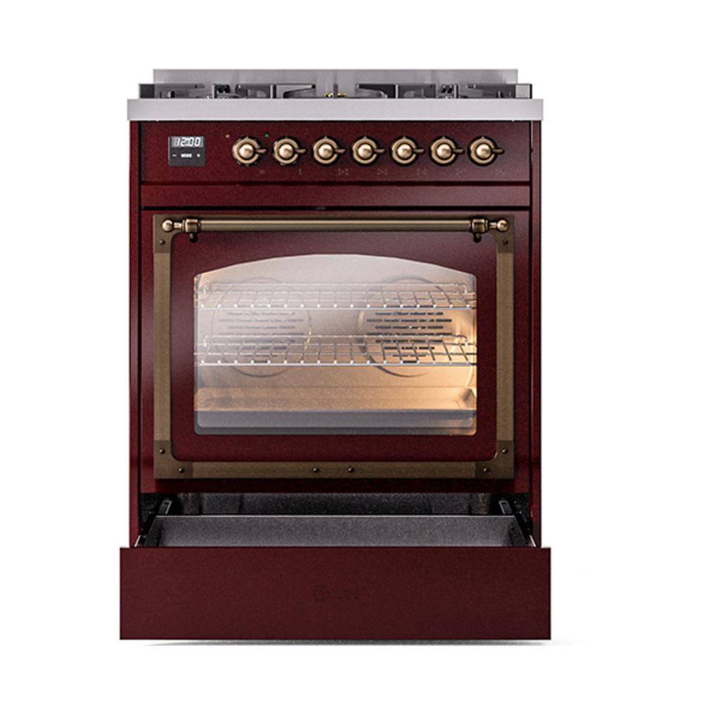 Ilve UN30NMPBUB Ilve Un30Nmpbub Nostalgie Ii Noblesse 30" Dual Fuel Range (Natural Gas, Triple Glass Door, Burgundy, Burnished)