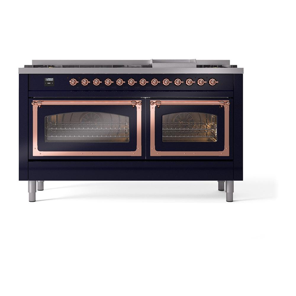 Ilve UN60FNMPMBP Ilve Un60Fnmpmbp Nostalgie Ii Noblesse 60" Dual Fuel Range (9 Sealed Burners + Griddle, Natural Gas, Triple Glass Door, Midnight Blue, Copper)
