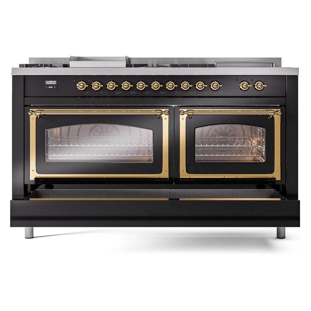 Ilve UN60FSNMPBKG Ilve Un60Fsnmpbkg Nostalgie Ii Noblesse 60" Dual Fuel Range (7 Sealed Burners + Griddle + French Top, Natural Gas, Triple Glass Door, Glossy Black, Brass)
