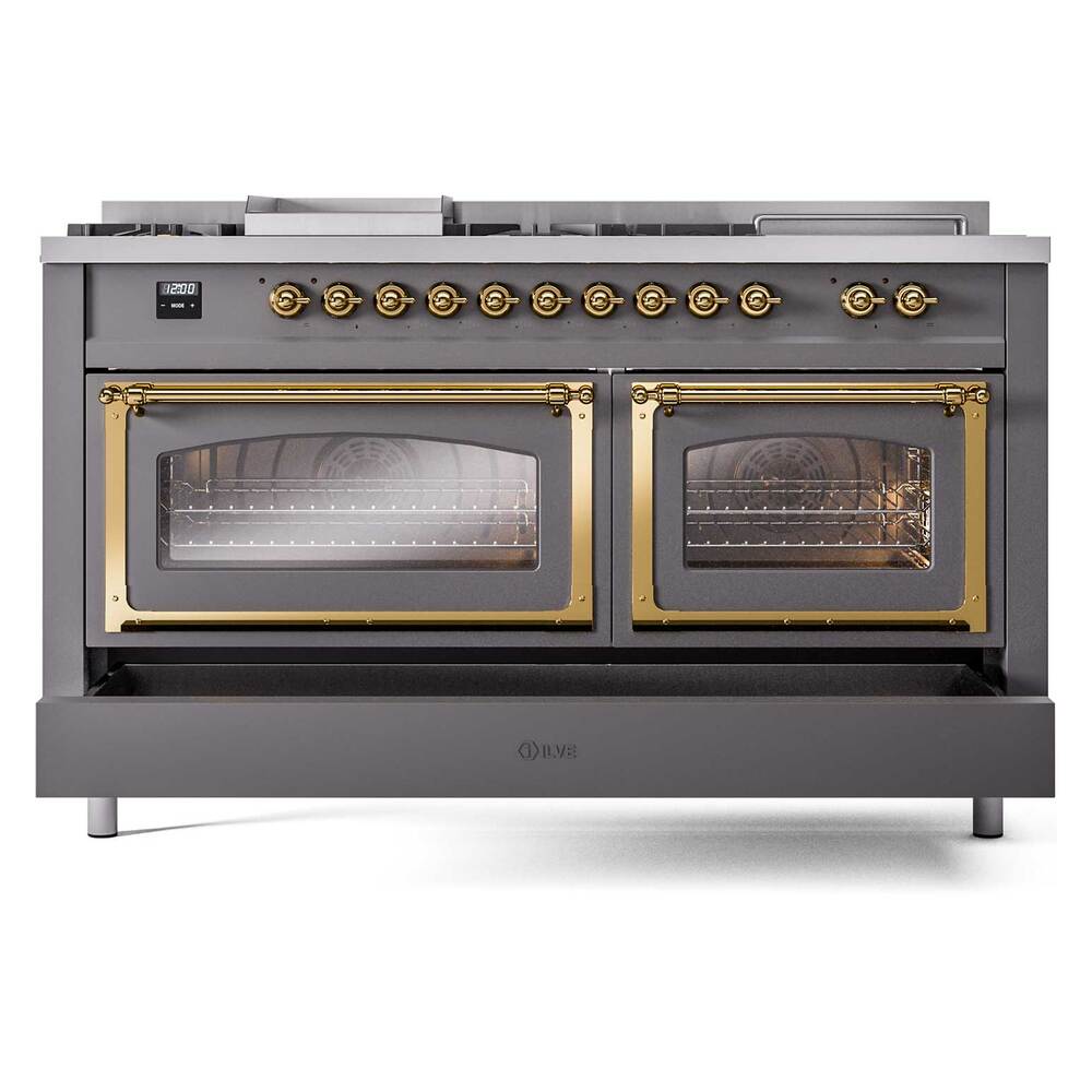 Ilve UN60FSNMPMGGLP Ilve Un60Fsnmpmgglp Nostalgie Ii Noblesse 60" Dual Fuel Range (7 Sealed Burners + Griddle + French Top, Liquid Propane, Triple Glass Door, Graphite Matte, Brass)