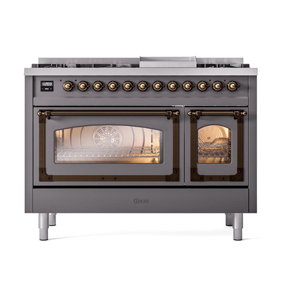 Ilve UN48FNMPMGB Ilve Un48Fnmpmgb Nostalgie Ii Noblesse 48" Dual Fuel Range (8 Sealed Burners + Griddle, Natural Gas, Triple Glass Door, Graphite Matte, Burnished)