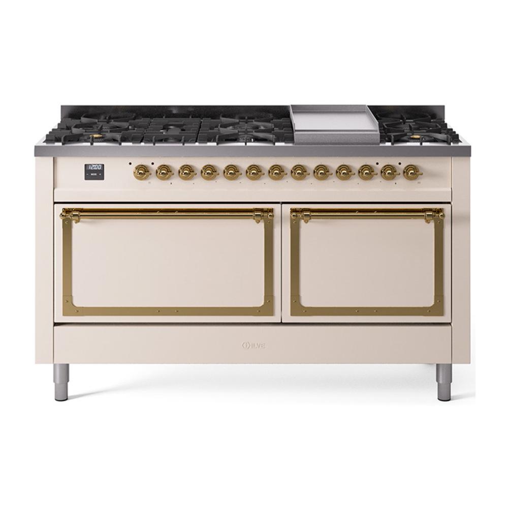 Ilve UN60FQNMPAWG Ilve Un60Fqnmpawg Nostalgie Ii Noblesse 60" Dual Fuel Range (9 Sealed Burners + Griddle, Natural Gas, Solid Door, Antique White, Brass)
