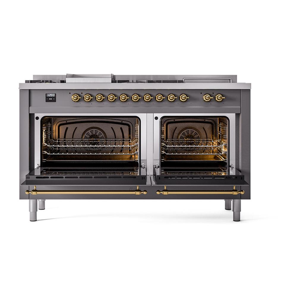 Ilve UN60FSNMPMGG Ilve Un60Fsnmpmgg Nostalgie Ii Noblesse 60" Dual Fuel Range (7 Sealed Burners + Griddle + French Top, Natural Gas, Triple Glass Door, Graphite Matte, Brass)