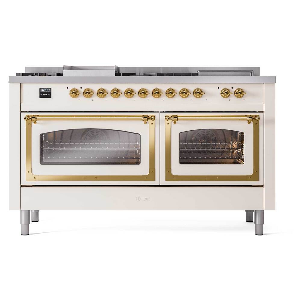 Ilve UN60FSNMPAWG Ilve Un60Fsnmpawg Nostalgie Ii Noblesse 60" Dual Fuel Range (7 Sealed Burners + Griddle + French Top, Natural Gas, Triple Glass Door, Antique White, Brass)