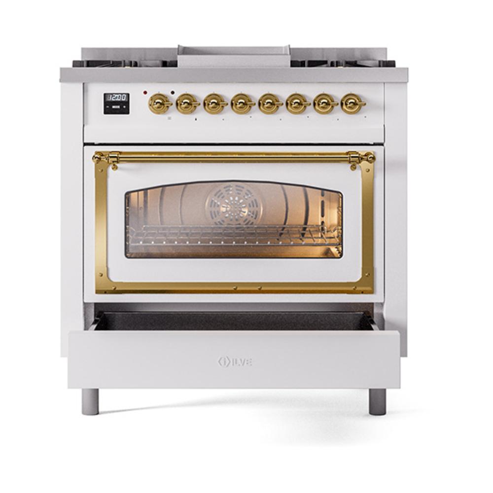 Ilve UN36FNMPWHG Ilve Un36Fnmpwhg Nostalgie Ii Noblesse 36" Dual Fuel Range (Natural Gas, Triple Glass Door, White, Brass)
