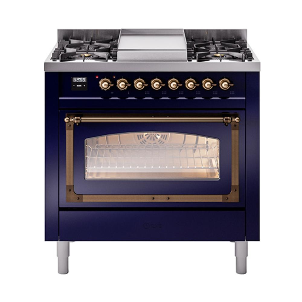 Ilve UN36FNMPMBB Ilve Un36Fnmpmbb Nostalgie Ii Noblesse 36" Dual Fuel Range (Natural Gas, Triple Glass Door, Midnight Blue, Burnished)