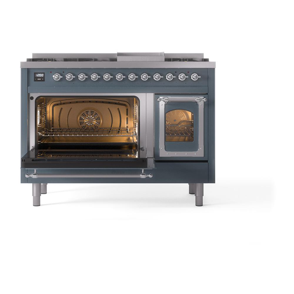 Ilve UN48FNMPBGC Ilve Un48Fnmpbgc Nostalgie Ii Noblesse 48" Dual Fuel Range (8 Sealed Burners + Griddle, Natural Gas, Triple Glass Door, Blue Grey, Chrome)