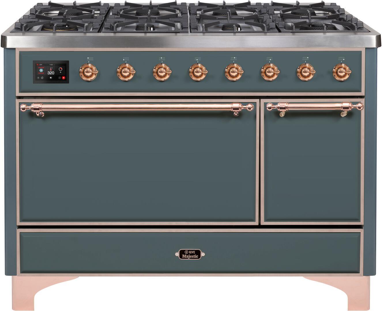 Ilve UM12FDQNS3BGP Majestic Ii 48 Inch Dual Fuel Natural Gas Freestanding Range In Blue Grey With Copper Trim