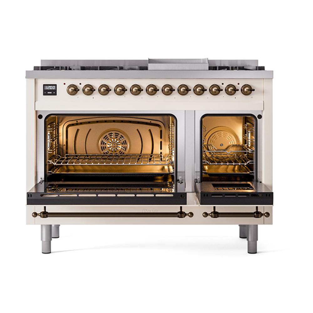 Ilve UN48FNMPAWB Ilve Un48Fnmpawb Nostalgie Ii Noblesse 48" Dual Fuel Range (8 Sealed Burners + Griddle, Natural Gas, Triple Glass Door, Antique White, Burnished)
